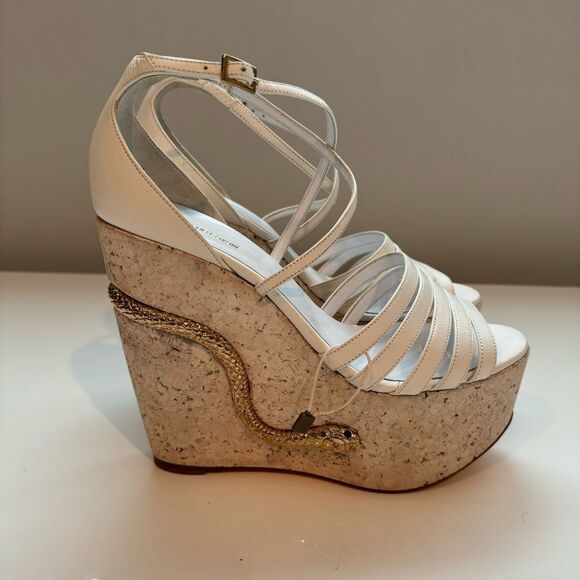 Roberto Cavalli White Platform Wedge with Gold Snake Detail - Picture 2 of 10